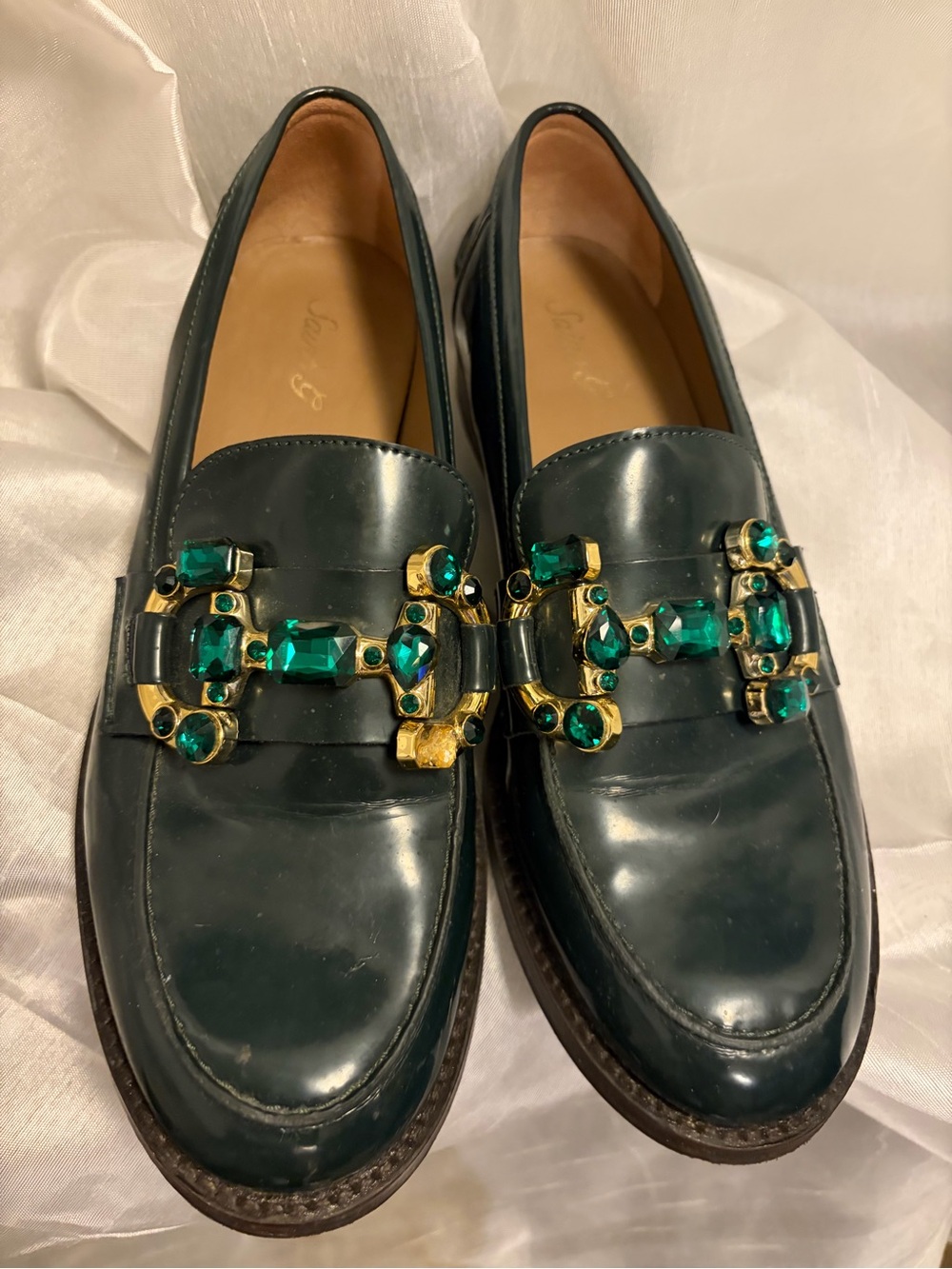 Saint G Women’s Dark Green Leather Loafers with Emerald Jewel Buckle